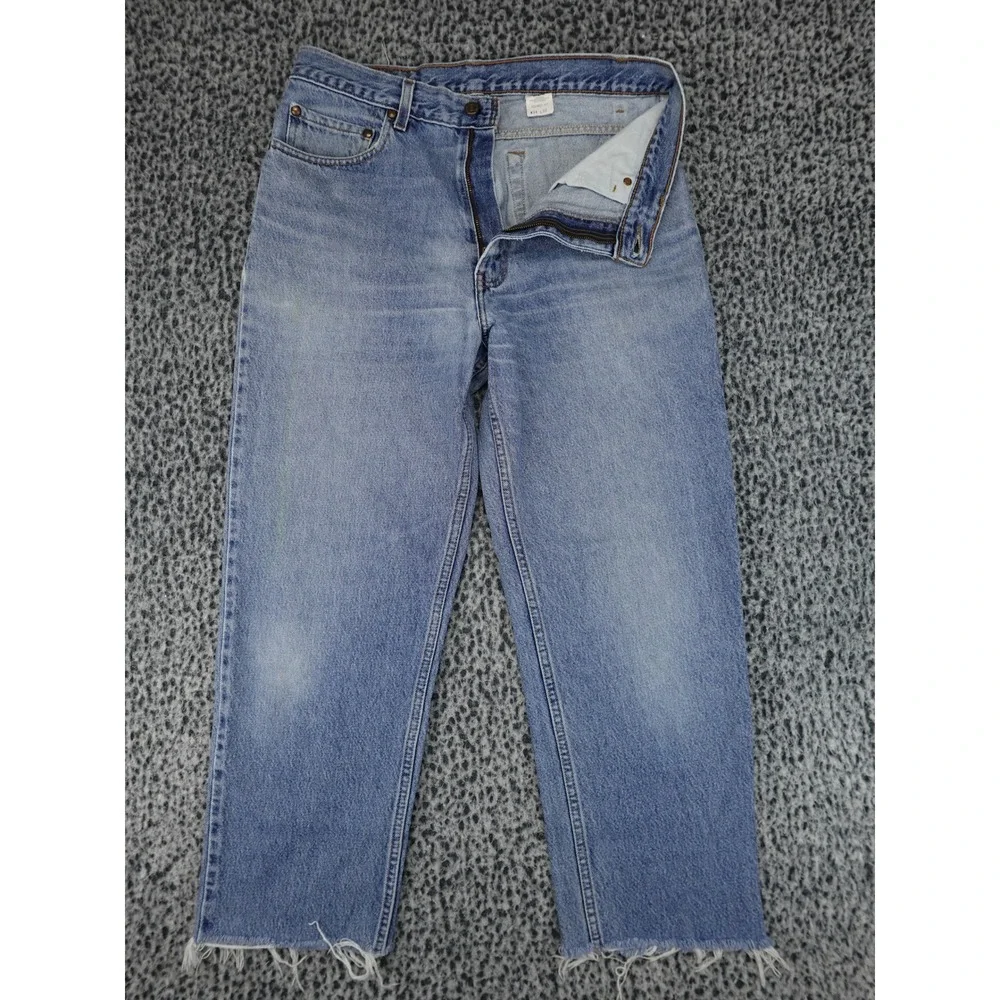 Levis 540 Relaxed‎ Fit Jeans Mens 34x26 Light Blue Raw Hem Cropped Denim